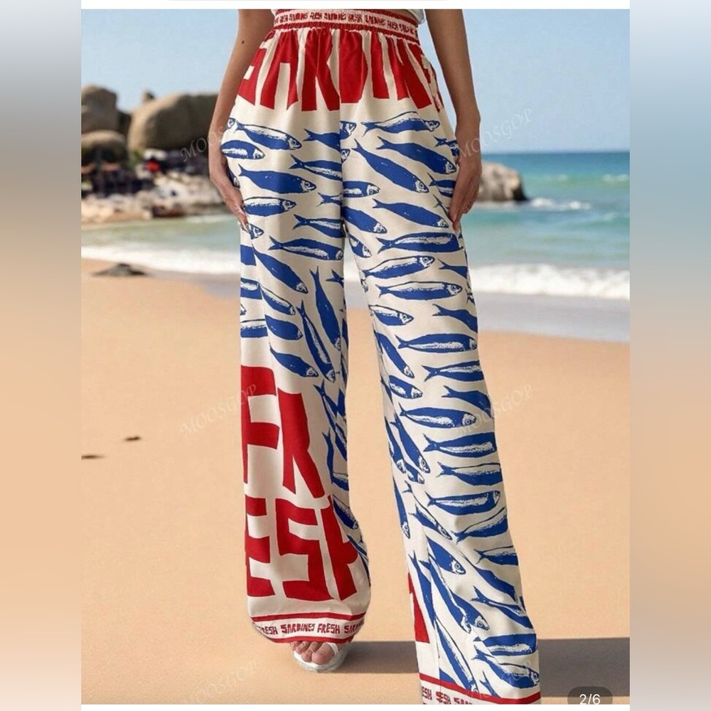 SHEIN Red and Blue Fish Print Wide-Leg Pants